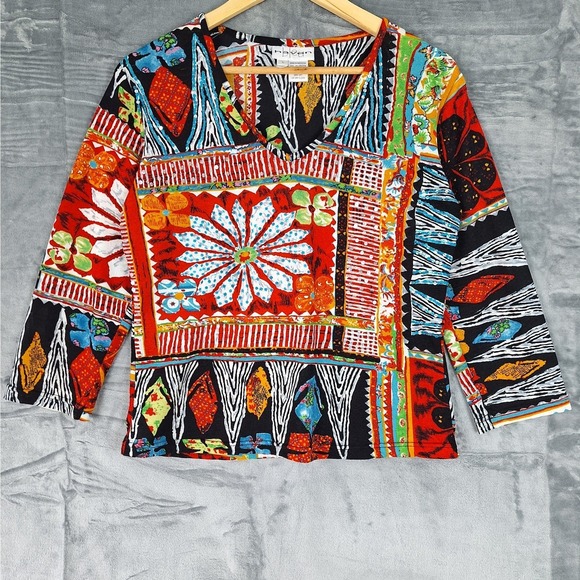 Haven Bleu Tops - Womens Top Large Indie Statement Artsy Abstract Hippie Retro Boho Sequins Wacky